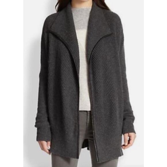 Vince Wool Cashmere Blend Leather Trim Open Front Cardigan Sweater Womens XS (D) - Picture 1 of 6
